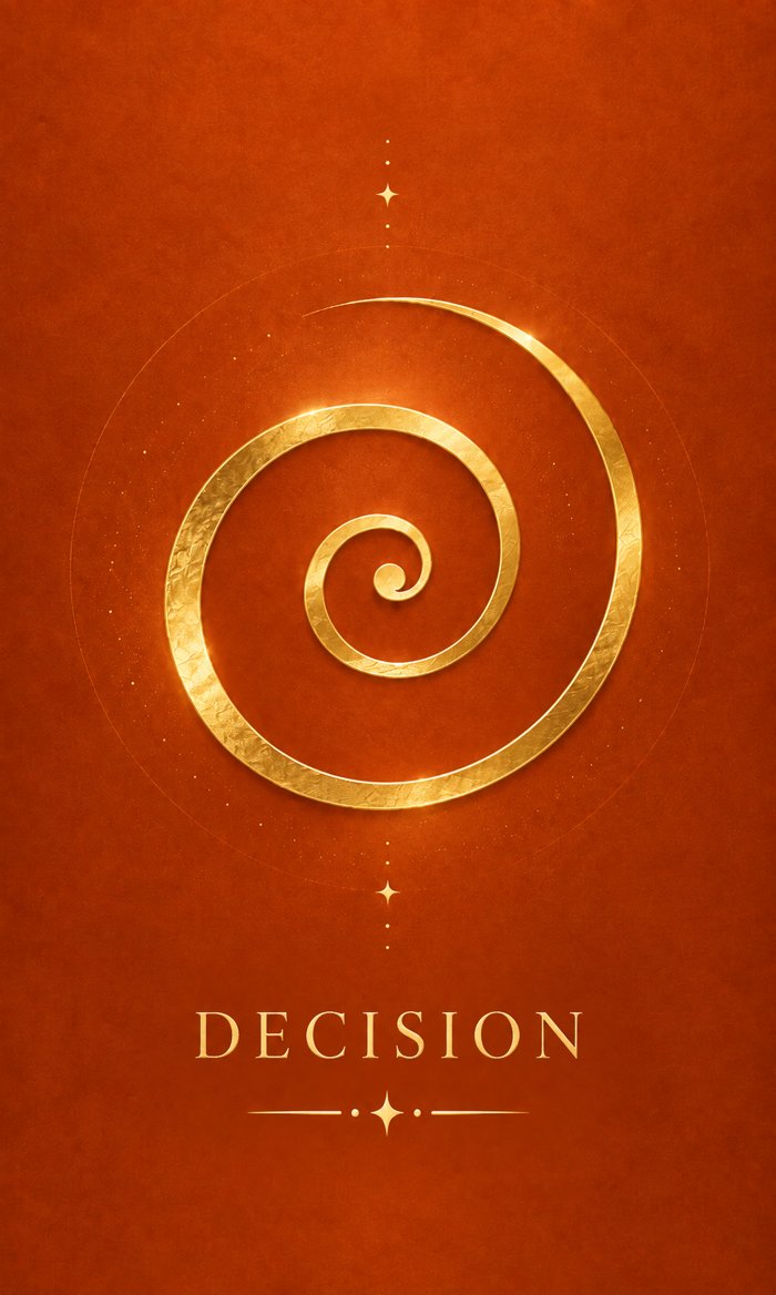 Decision card: a gold spiral on burnt orange